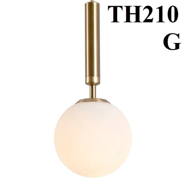Đèn thả thủy tinh đơn TH210G, thân thẳng mạ đồng chao thủy tinh đục D200 , G9x01, KT(mm):
